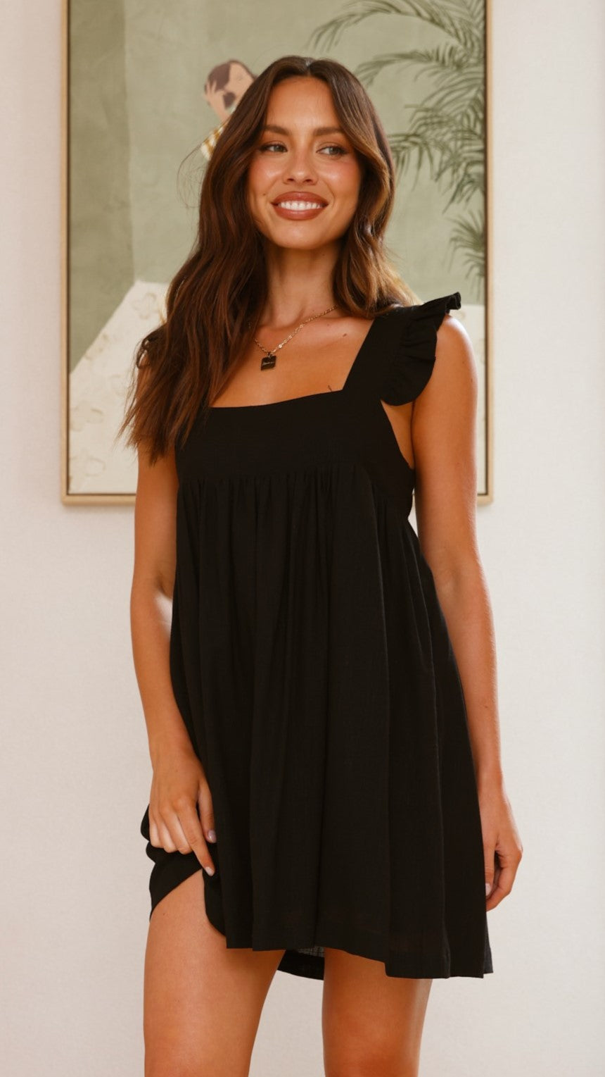 Black Cotton Ruffle Strap Mini Dress – Square Neck Flowy Babydoll Fit-4